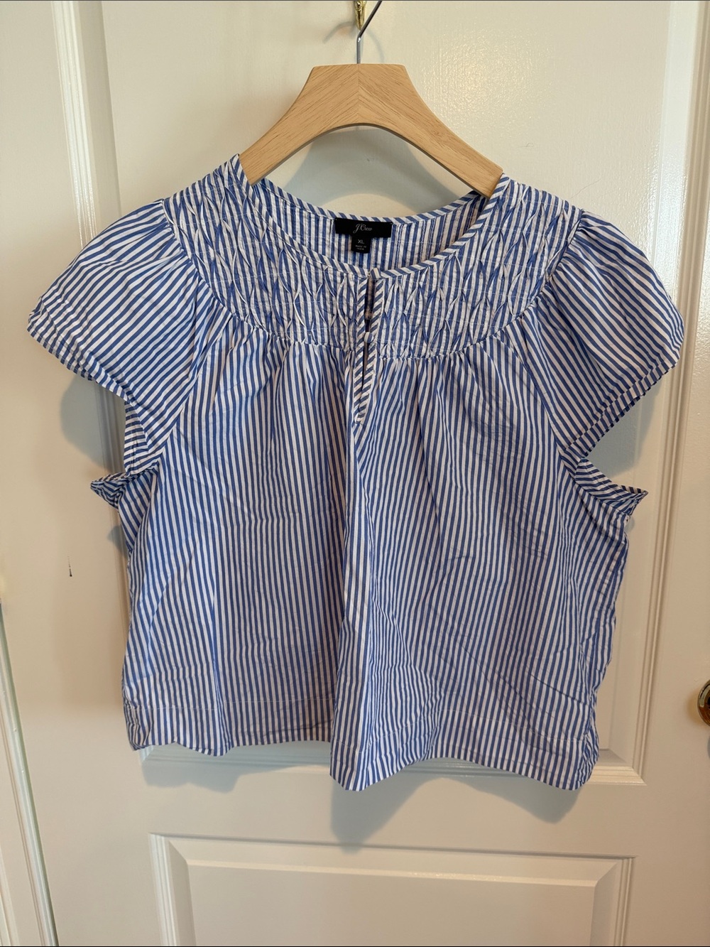 J. Crew Blue and White Striped Smocked Yoke Cap Sleeve Cotton Blouse